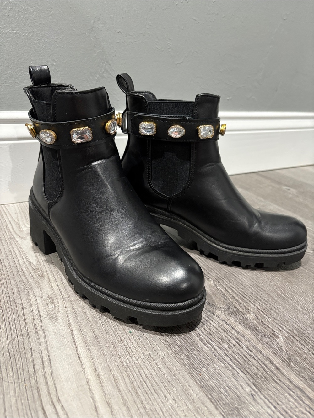Women's Black Chelsea Lug Boots with Jeweled Strap - Picture 2 of 6